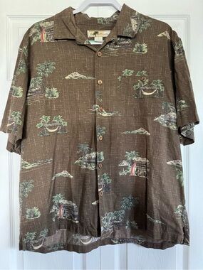 Joe Marlin Brown Tropical Print Hawaiian Button-Up Shirt, Size Large